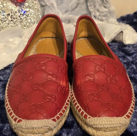GUCCI Espadrilles Leather Slip-On, Size 35 In Red Authentic With Box - Picture 10 of 16